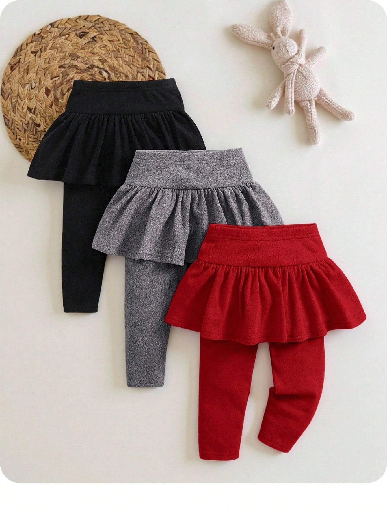 3pcs/Set Girl Knitted Elastic Solid Color Ruffle Waist Pants, Baby Girl Style, Autumn/Winter