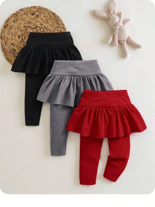 3pcs/Set Girl Knitted Elastic Solid Color Ruffle Waist Pants, Baby Girl Style, Autumn/Winter