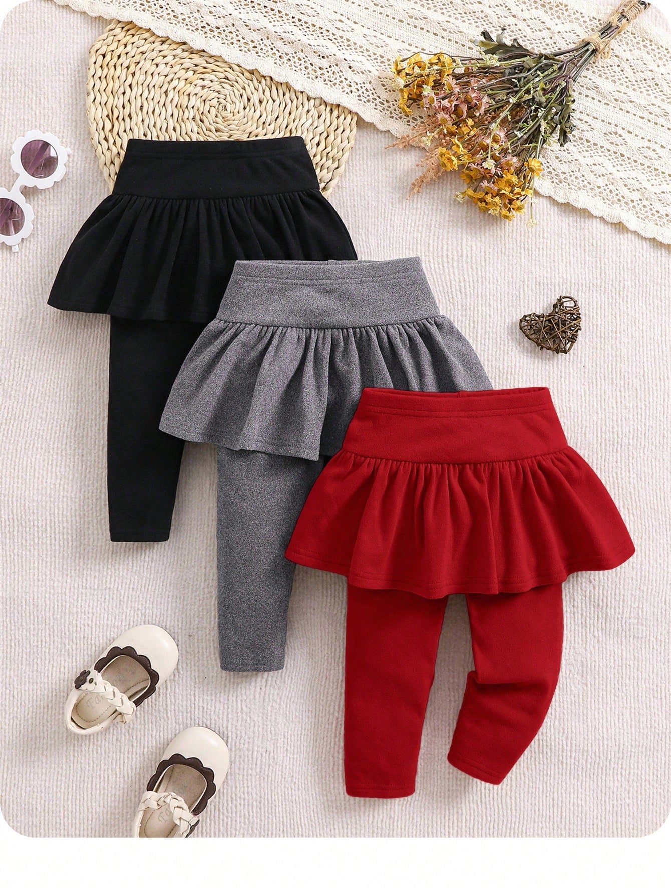 3pcs/Set Girl Knitted Elastic Solid Color Ruffle Waist Pants, Baby Girl Style, Autumn/Winter