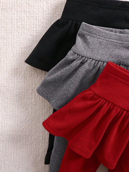 3pcs/Set Girl Knitted Elastic Solid Color Ruffle Waist Pants, Baby Girl Style, Autumn/Winter