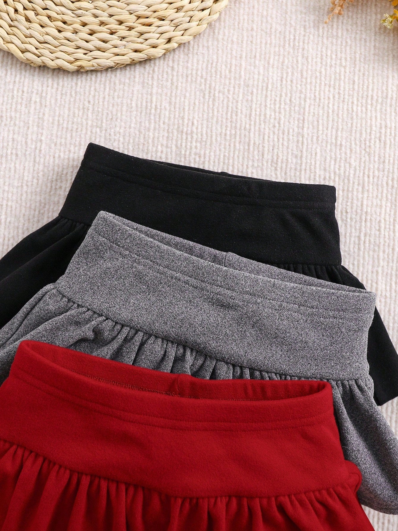 3pcs/Set Girl Knitted Elastic Solid Color Ruffle Waist Pants, Baby Girl Style, Autumn/Winter