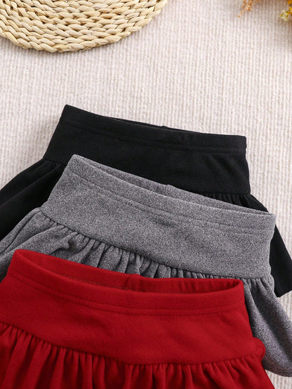 3pcs/Set Girl Knitted Elastic Solid Color Ruffle Waist Pants, Baby Girl Style, Autumn/Winter