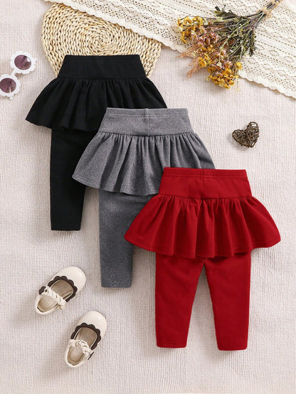 3pcs/Set Girl Knitted Elastic Solid Color Ruffle Waist Pants, Baby Girl Style, Autumn/Winter