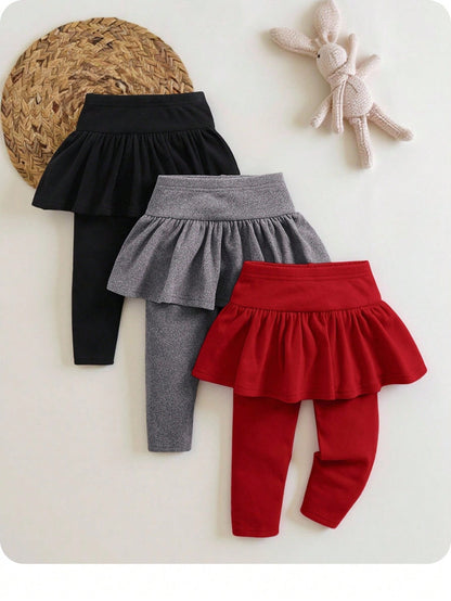 3pcs/Set Girl Knitted Elastic Solid Color Ruffle Waist Pants, Baby Girl Style, Autumn/Winter
