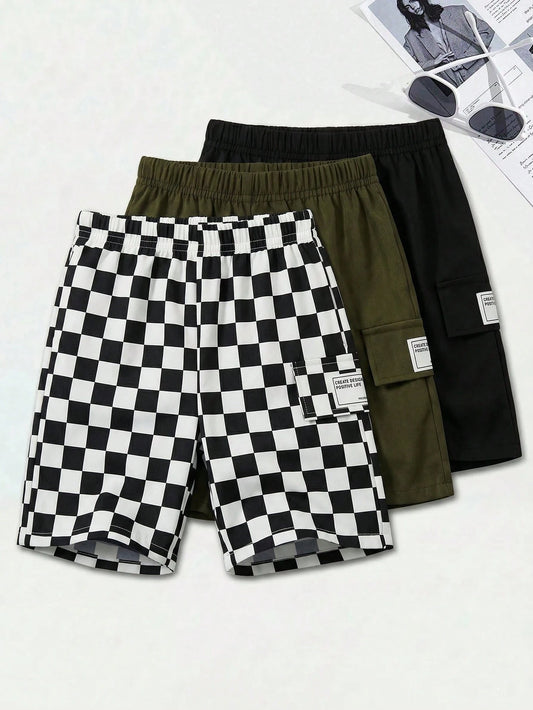 3pcs/Set Kids Young Boy Summer Casual Comfortable Solid Color & Checkered Patch Pocket Woven Shorts, White, Loose Fit Everyday School Vacation