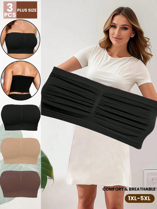 3pcs/Set Plus Size Women Seamless Bandeau Bras, Full Coverage Yoga Bras, Sports Fitness Training, High Impact Supportive Workout Bra