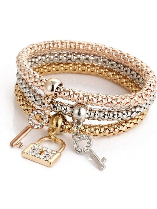 3pcs/Set Stackable Bracelet Set With Lock & Key Shaped Pendants- Perfect Gift For Women & Girls! Party Essential