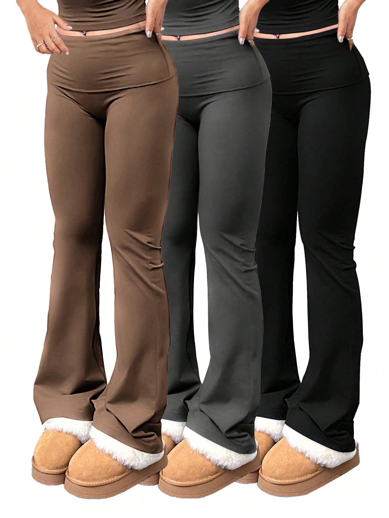 3pcs/Set Trouser Style Yoga Pants For Women Elastic Waist Gym Workout Flare Leggings Casual High Waisted Bootcut Yoga Pants, Athleisure