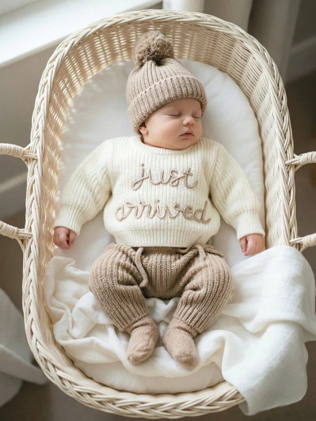 3Pcs Set White Autumn Baby Hospital Arrival Announcement Outfit Graphic Knitted Tops And Pants With Hat Newborn Photo Shoot Props Family Matching