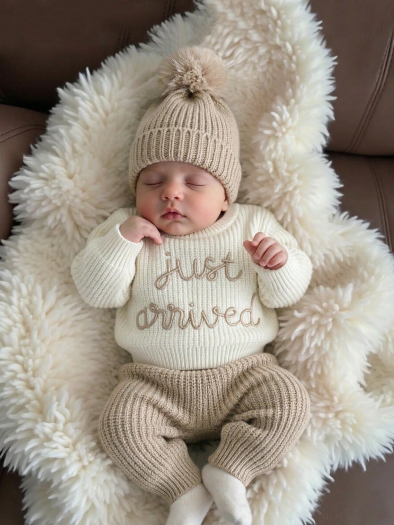 3Pcs Set White Autumn Baby Hospital Arrival Announcement Outfit Graphic Knitted Tops And Pants With Hat Newborn Photo Shoot Props Family Matching