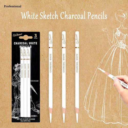 3Pcs/Set White Sketch Charcoal Pencils, Professional Sketch Highlight White Charcoal Wooden Pencils For Artist Drawing, Sketching, Blending,Back To School,School Supplies