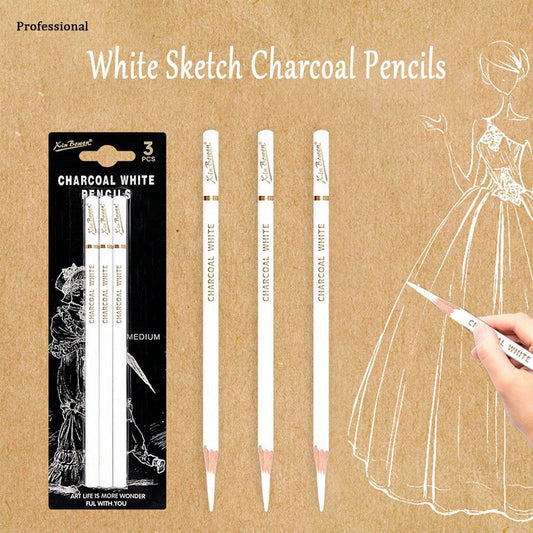 3Pcs/Set White Sketch Charcoal Pencils, Professional Sketch Highlight White Charcoal Wooden Pencils For Artist Drawing, Sketching, Blending,Back To School,School Supplies