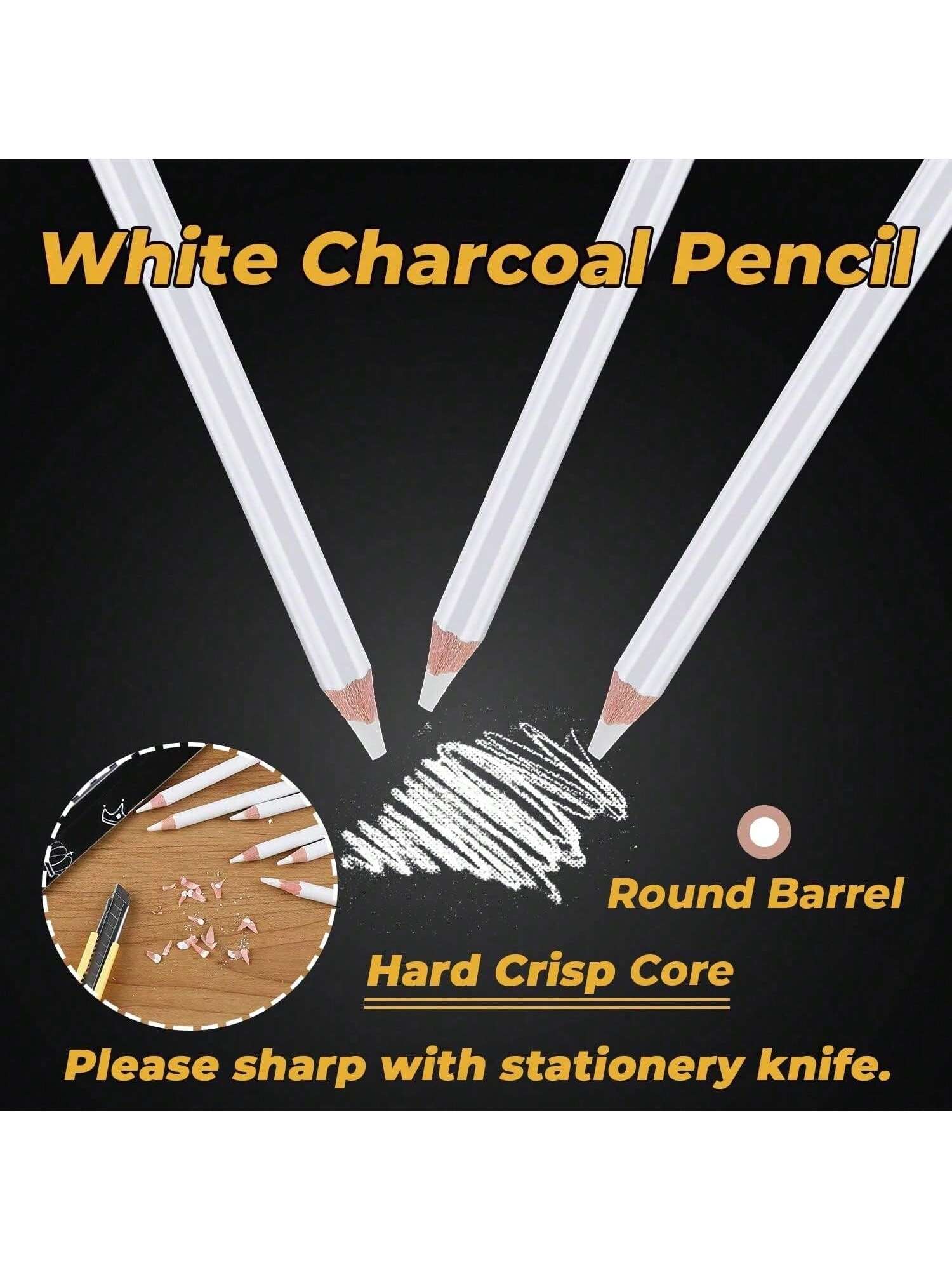 3Pcs/Set White Sketch Charcoal Pencils, Professional Sketch Highlight White Charcoal Wooden Pencils For Artist Drawing, Sketching, Blending,Back To School,School Supplies
