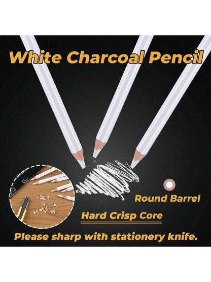 3Pcs/Set White Sketch Charcoal Pencils, Professional Sketch Highlight White Charcoal Wooden Pencils For Artist Drawing, Sketching, Blending,Back To School,School Supplies