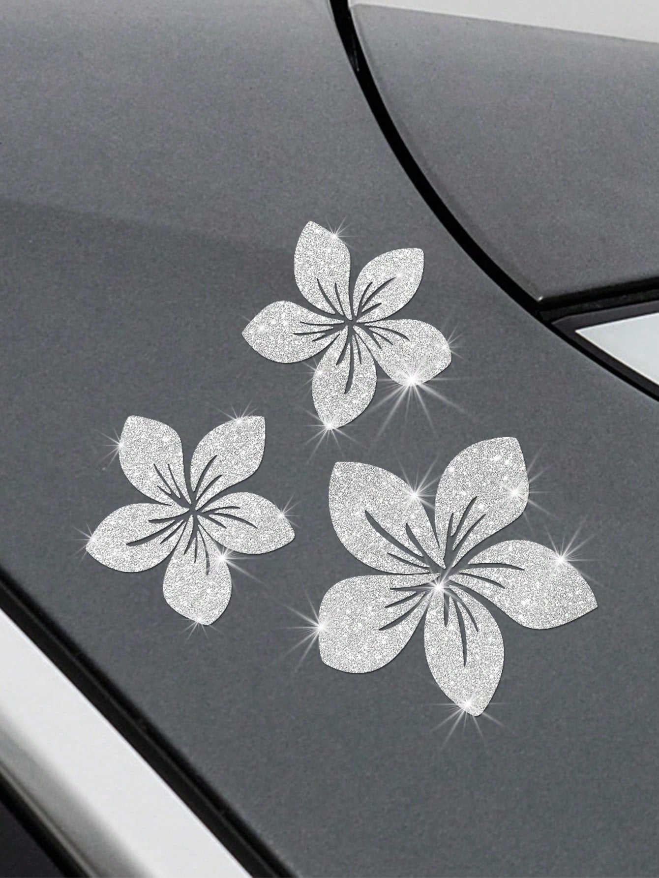 3pcs Shiny Floral Car Stickers- Reflective Vinyl Decals, Suitable For Car Body, Windows, Bumpers And Laptops