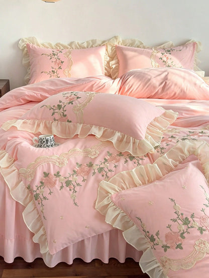 3pcs Soft Skin-Friendly Comfortable Pink Floral Embroidered Lace Ruffle Edge Duvet Cover Set (1*Duvet Cover + 2*Pillowcases, Inserts Not Included), French Country Style, Feminine, Girly, Suitable For
