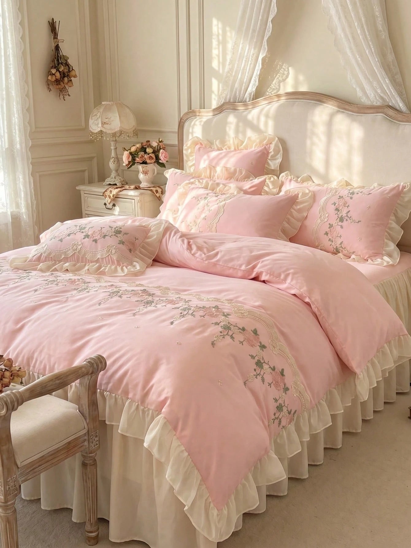3pcs Soft Skin-Friendly Comfortable Pink Floral Embroidered Lace Ruffle Edge Duvet Cover Set (1*Duvet Cover + 2*Pillowcases, Inserts Not Included), French Country Style, Feminine, Girly, Suitable For