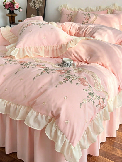 3pcs Soft Skin-Friendly Comfortable Pink Floral Embroidered Lace Ruffle Edge Duvet Cover Set (1*Duvet Cover + 2*Pillowcases, Inserts Not Included), French Country Style, Feminine, Girly, Suitable For