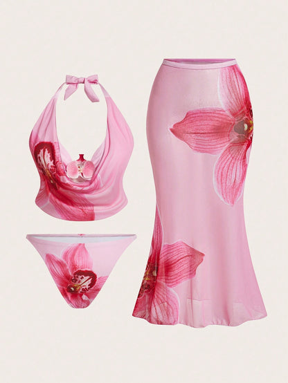 3pcs Swim Oasis Women's Vacation Floral Swimwear, Fashionable Sexy Deep V-Neck Spaghetti Strap Bikini Top And Mini Skirt Plus Size Set