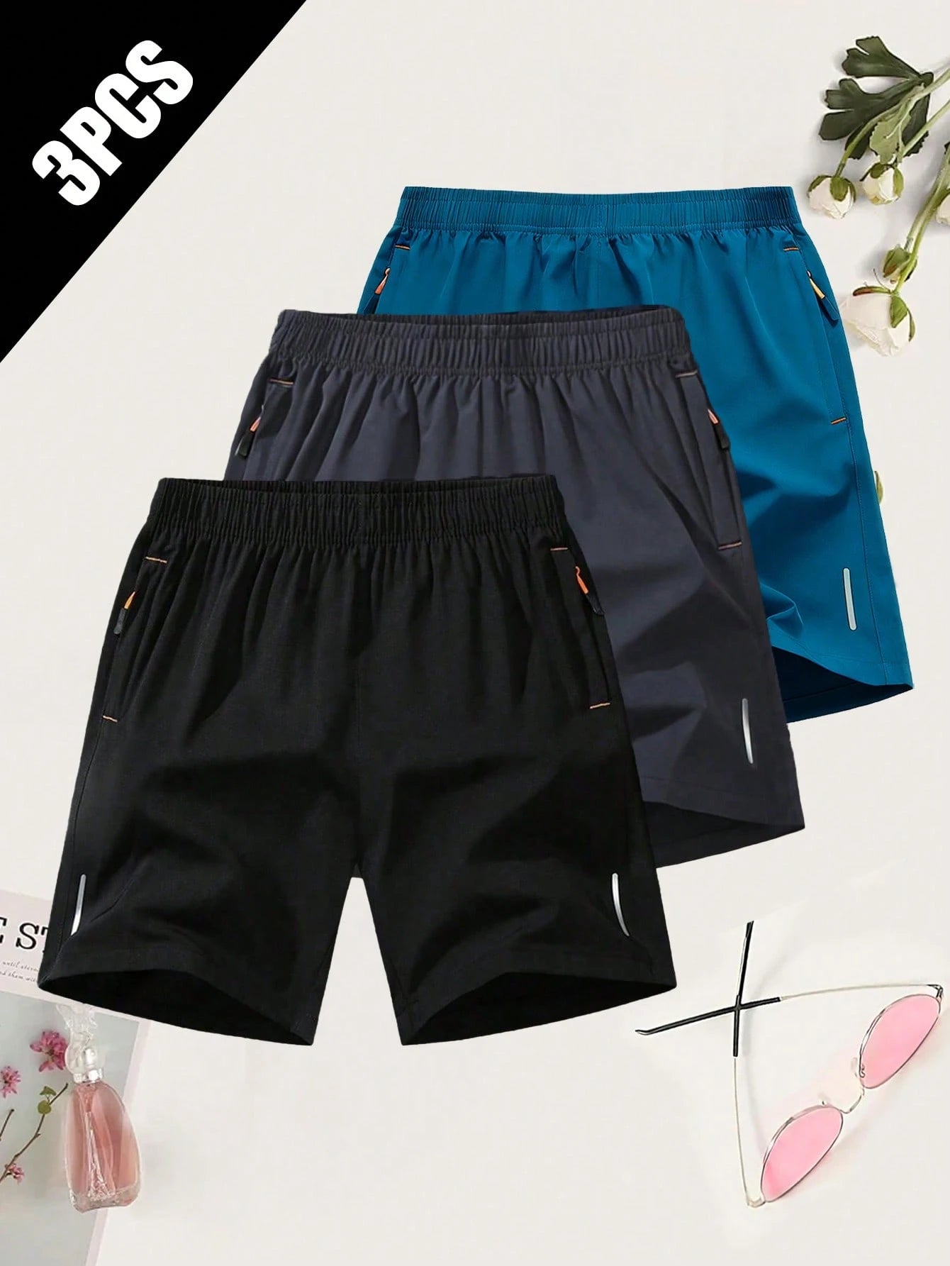 3pcs Women's Casual Shorts, Summer Elastic Waist Drawstring Shorts With Zipper Pockets, Comfortable For Sports, Hiking, Running
