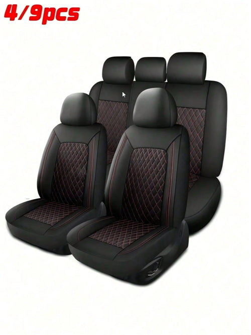 4/9Pcs PU Leather Car Seat Covers, Waterproof Breathable Seat Protectors, Universal For Sedan SUV Truck, Double Line Stitching Front Rear Seat Covers With Lumbar Support, Full Set With Headrest Covers