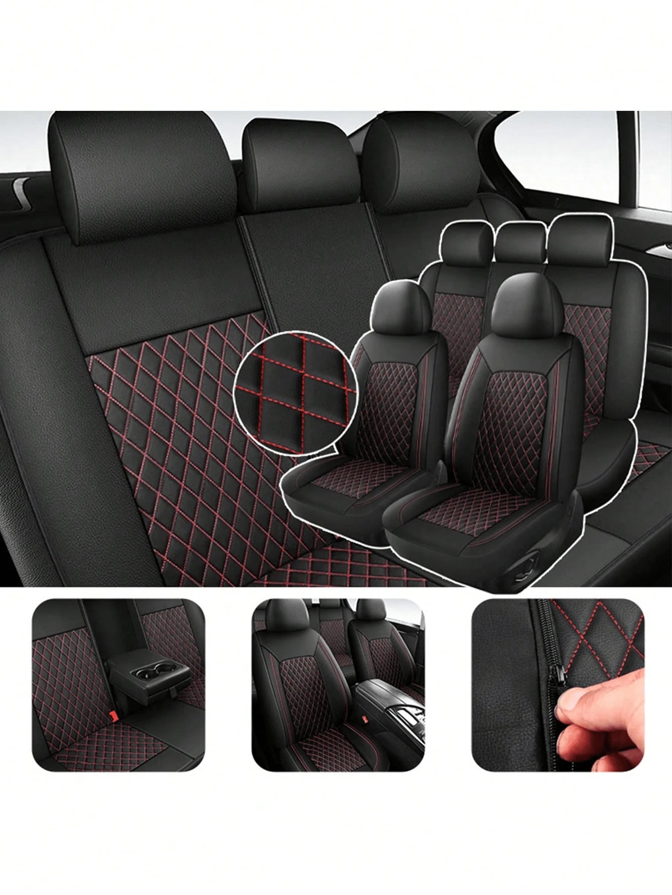 4/9Pcs PU Leather Car Seat Covers, Waterproof Breathable Seat Protectors, Universal For Sedan SUV Truck, Double Line Stitching Front Rear Seat Covers With Lumbar Support, Full Set With Headrest Covers