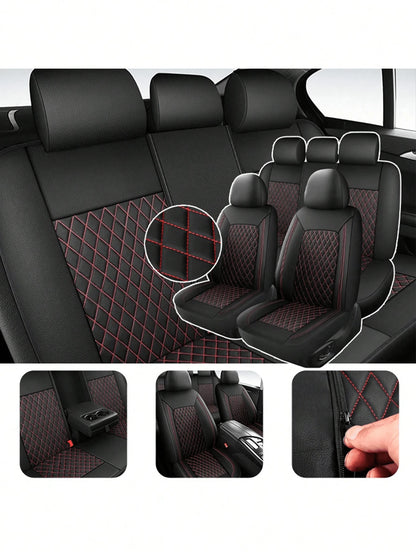 4/9Pcs PU Leather Car Seat Covers, Waterproof Breathable Seat Protectors, Universal For Sedan SUV Truck, Double Line Stitching Front Rear Seat Covers With Lumbar Support, Full Set With Headrest Covers