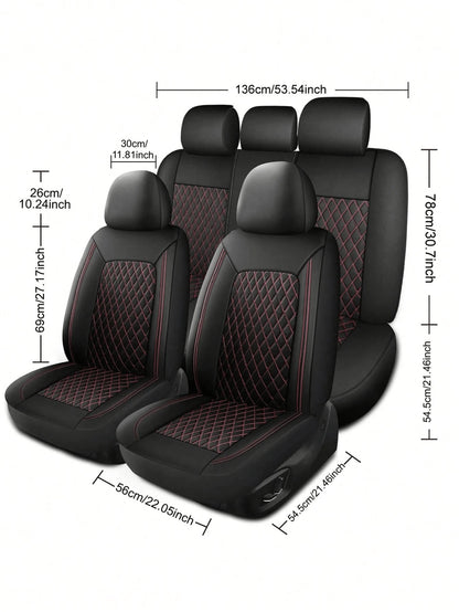 4/9Pcs PU Leather Car Seat Covers, Waterproof Breathable Seat Protectors, Universal For Sedan SUV Truck, Double Line Stitching Front Rear Seat Covers With Lumbar Support, Full Set With Headrest Covers
