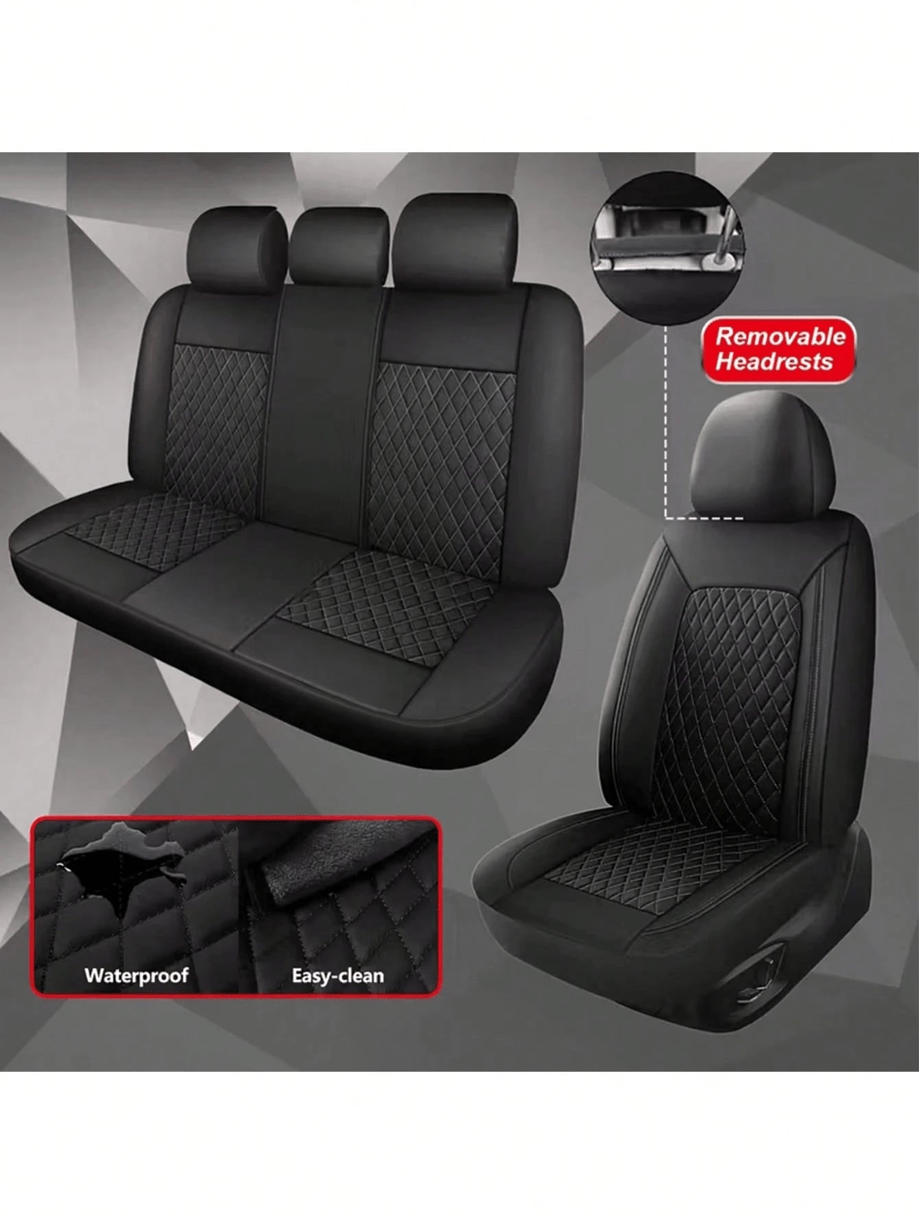 4/9Pcs PU Leather Car Seat Covers, Waterproof Breathable Seat Protectors, Universal For Sedan SUV Truck, Double Line Stitching Front Rear Seat Covers With Lumbar Support, Full Set With Headrest Covers