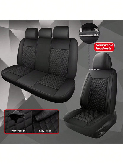 4/9Pcs PU Leather Car Seat Covers, Waterproof Breathable Seat Protectors, Universal For Sedan SUV Truck, Double Line Stitching Front Rear Seat Covers With Lumbar Support, Full Set With Headrest Covers