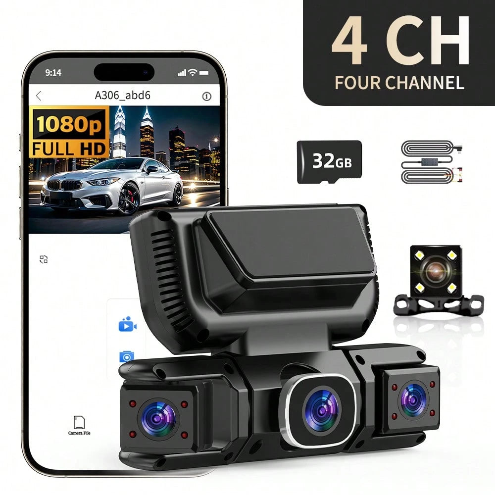 4 Channel Dash Cam Front And Rear, FHD Left Right Dash Camera For Car With WiFi App Control, 170°Wide Angle, Loop Recording, Night Vision, G-Sensor, Parking Mode, Included 32GB Card
