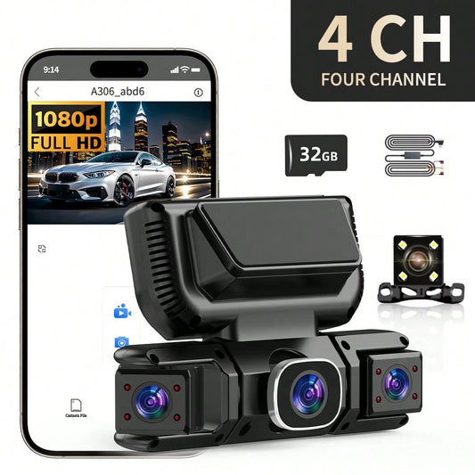 4 Channel Dash Cam Front And Rear, FHD Left Right Dash Camera For Car With WiFi App Control, 170°Wide Angle, Loop Recording, Night Vision, G-Sensor, Parking Mode, Included 32GB Card