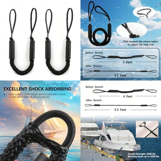 4 Feet Bungee Dock Line Adjustable Mooring Rope With Snubber Shock Absorbing Jet Ski Accessorie Marine Grade Mooring Tie Downs For Boats PWC Kayak Watercraft SeaDoo Pontoon 2Pack