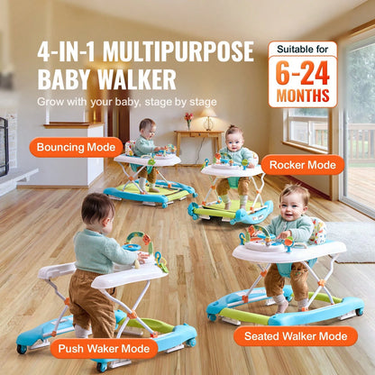 4-In-1 Baby Walker, Foldable Baby Activity Center On Wheels, 3 Adjustable Height, Music & Toys Tray, Learning-Seated| Walk-Behind| Rocker| Bouncer Toddler Walker For Girls Boys 6-24 Months