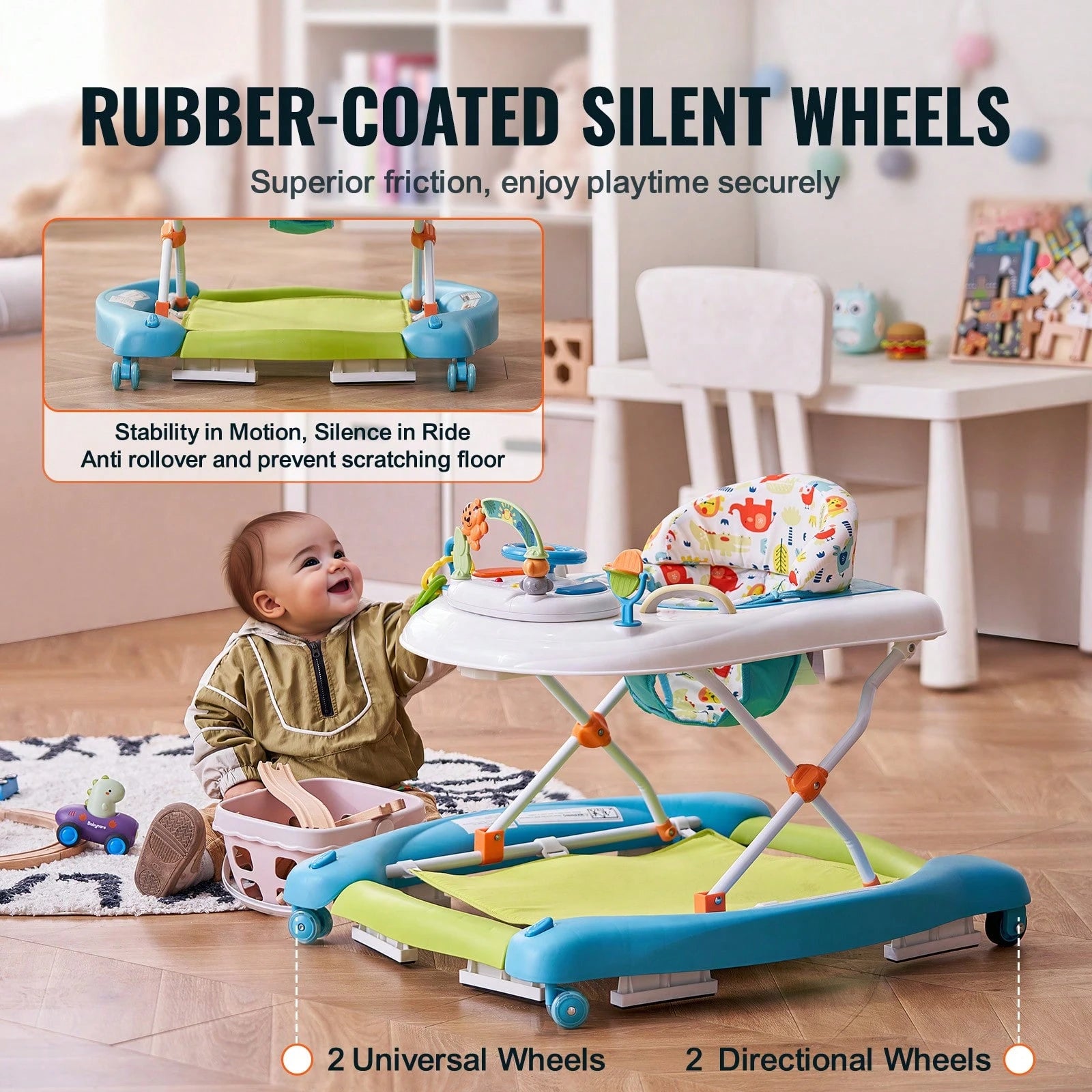4-In-1 Baby Walker, Foldable Baby Activity Center On Wheels, 3 Adjustable Height, Music & Toys Tray, Learning-Seated| Walk-Behind| Rocker| Bouncer Toddler Walker For Girls Boys 6-24 Months
