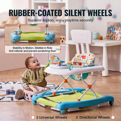 4-In-1 Baby Walker, Foldable Baby Activity Center On Wheels, 3 Adjustable Height, Music & Toys Tray, Learning-Seated| Walk-Behind| Rocker| Bouncer Toddler Walker For Girls Boys 6-24 Months