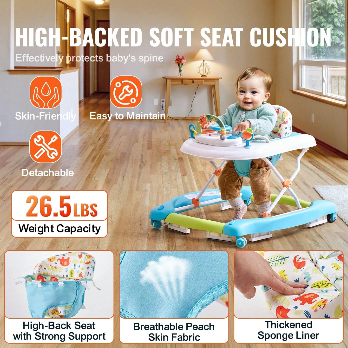 4-In-1 Baby Walker, Foldable Baby Activity Center On Wheels, 3 Adjustable Height, Music & Toys Tray, Learning-Seated| Walk-Behind| Rocker| Bouncer Toddler Walker For Girls Boys 6-24 Months