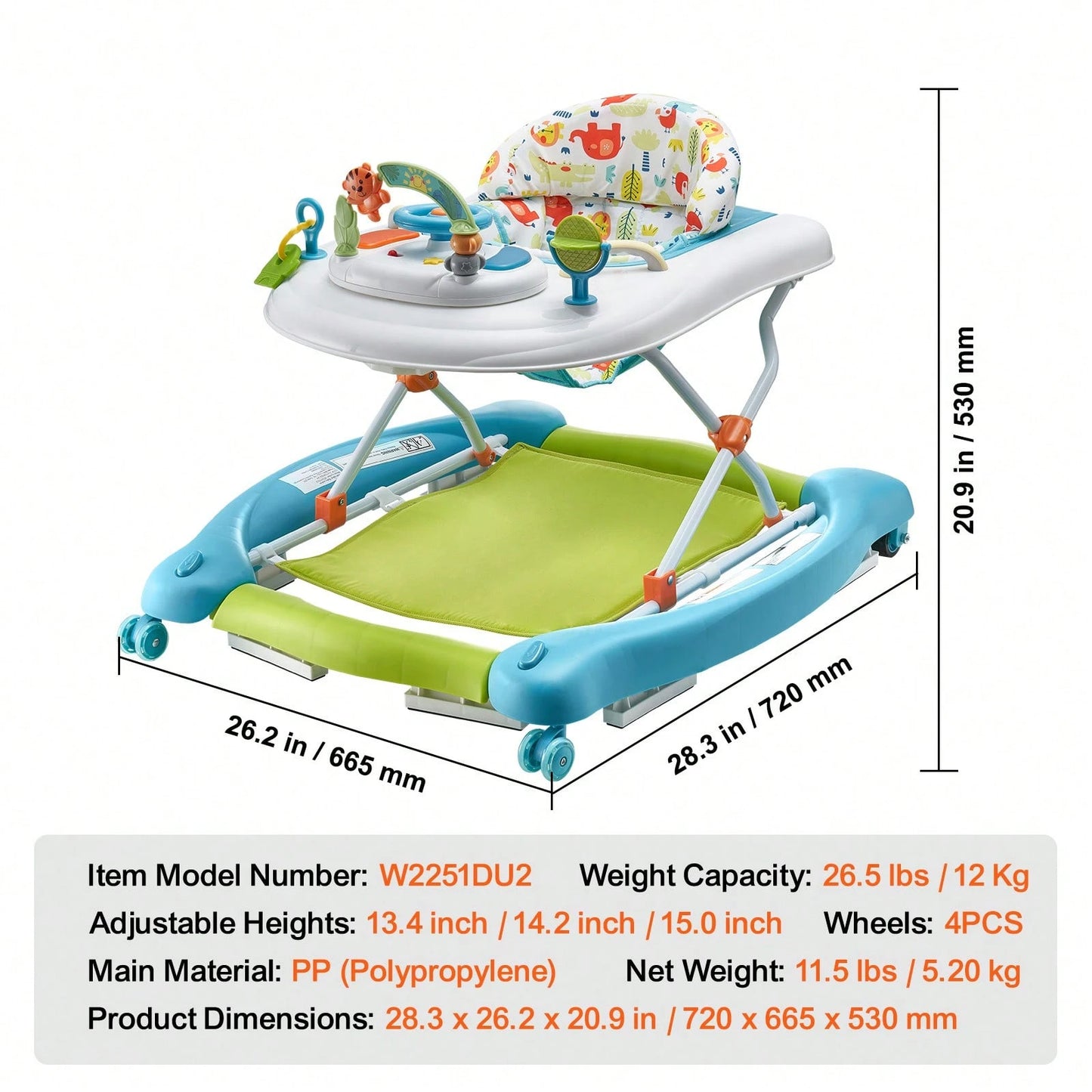 4-In-1 Baby Walker, Foldable Baby Activity Center On Wheels, 3 Adjustable Height, Music & Toys Tray, Learning-Seated| Walk-Behind| Rocker| Bouncer Toddler Walker For Girls Boys 6-24 Months