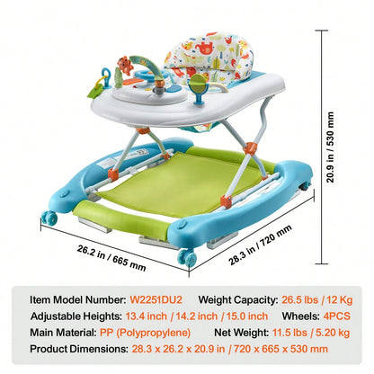 4-In-1 Baby Walker, Foldable Baby Activity Center On Wheels, 3 Adjustable Height, Music & Toys Tray, Learning-Seated| Walk-Behind| Rocker| Bouncer Toddler Walker For Girls Boys 6-24 Months