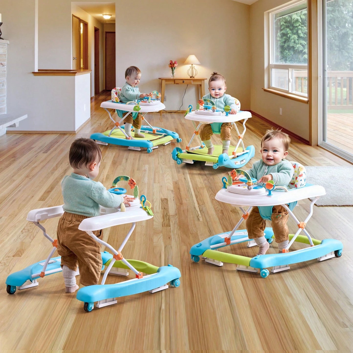 4-In-1 Baby Walker, Foldable Baby Activity Center On Wheels, 3 Adjustable Height, Music & Toys Tray, Learning-Seated| Walk-Behind| Rocker| Bouncer Toddler Walker For Girls Boys 6-24 Months