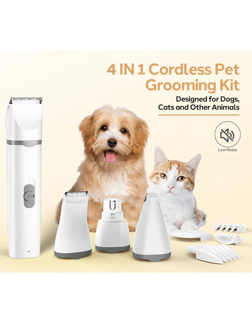 4-In-1 Pet Hair Trimmer Set, Grooming Electric Shaver Kit, Dog Clippers With Nail Grinder, Cordless Electric Clipper, Quiet 2-Speed, USB Rechargeable, Suitable For Small/Medium Dogs & Cats, Paws, Eyes