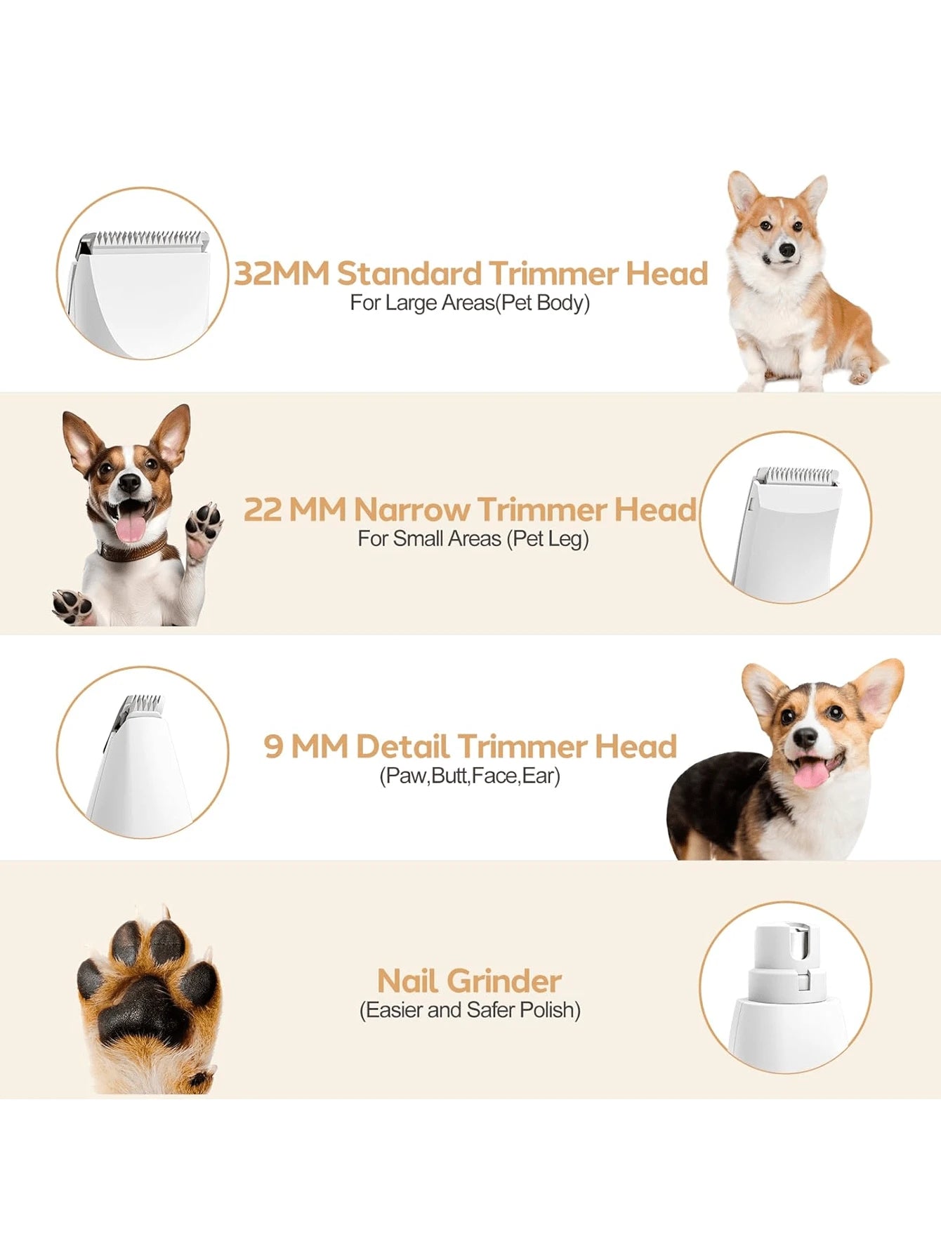 4-In-1 Pet Hair Trimmer Set, Grooming Electric Shaver Kit, Dog Clippers With Nail Grinder, Cordless Electric Clipper, Quiet 2-Speed, USB Rechargeable, Suitable For Small/Medium Dogs & Cats, Paws, Eyes