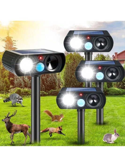 4 Pack Solar- Powered Ultrasonic Repeller: LED Strober, Scare Raccoons