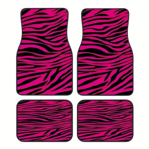 4-Piece Car Floor Mat Set, Universal SUV Car Floor Mats, Zebra Pattern With Pink Theme Elements, Suitable For All Car Models, Stylish Interior Accessories For Front And Rear Seats, Christmas And Hallo