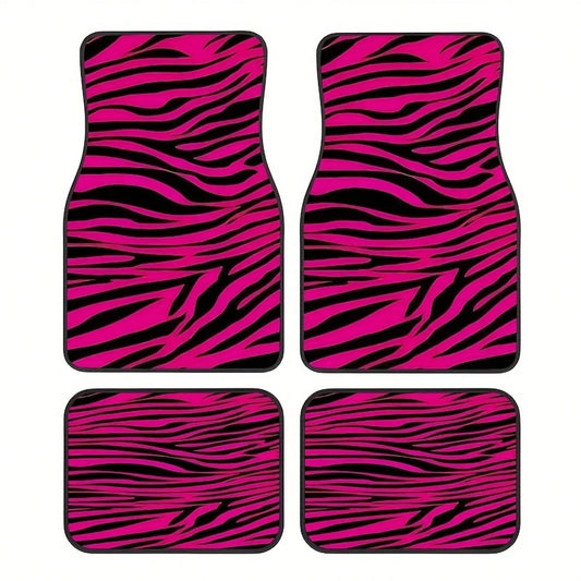4-Piece Car Floor Mat Set, Universal SUV Car Floor Mats, Zebra Pattern With Pink Theme Elements, Suitable For All Car Models, Stylish Interior Accessories For Front And Rear Seats, Christmas And Hallo