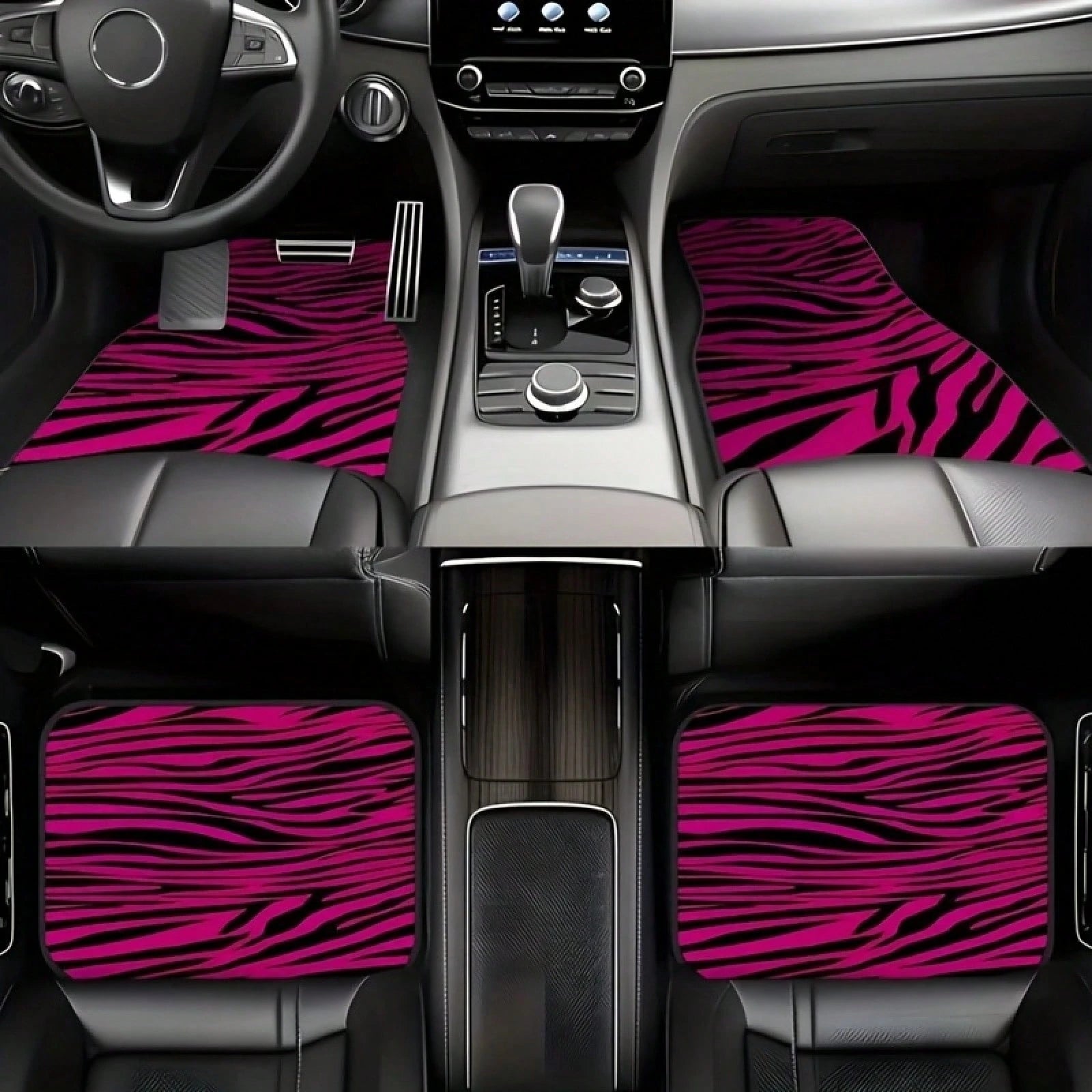 4-Piece Car Floor Mat Set, Universal SUV Car Floor Mats, Zebra Pattern With Pink Theme Elements, Suitable For All Car Models, Stylish Interior Accessories For Front And Rear Seats, Christmas And Hallo