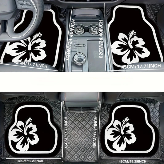 4-Piece Car Floor Mat Set: White Hibiscus Flower Pattern, Crystal Velvet, Polyester Fiber, Universal Fit For Front And Rear Seats, Suitable For Various Car Models