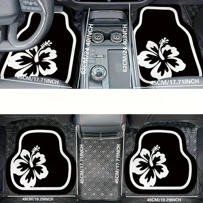 4-Piece Car Floor Mat Set: White Hibiscus Flower Pattern, Crystal Velvet, Polyester Fiber, Universal Fit For Front And Rear Seats, Suitable For Various Car Models