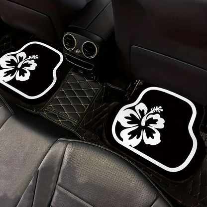 4-Piece Car Floor Mat Set: White Hibiscus Flower Pattern, Crystal Velvet, Polyester Fiber, Universal Fit For Front And Rear Seats, Suitable For Various Car Models