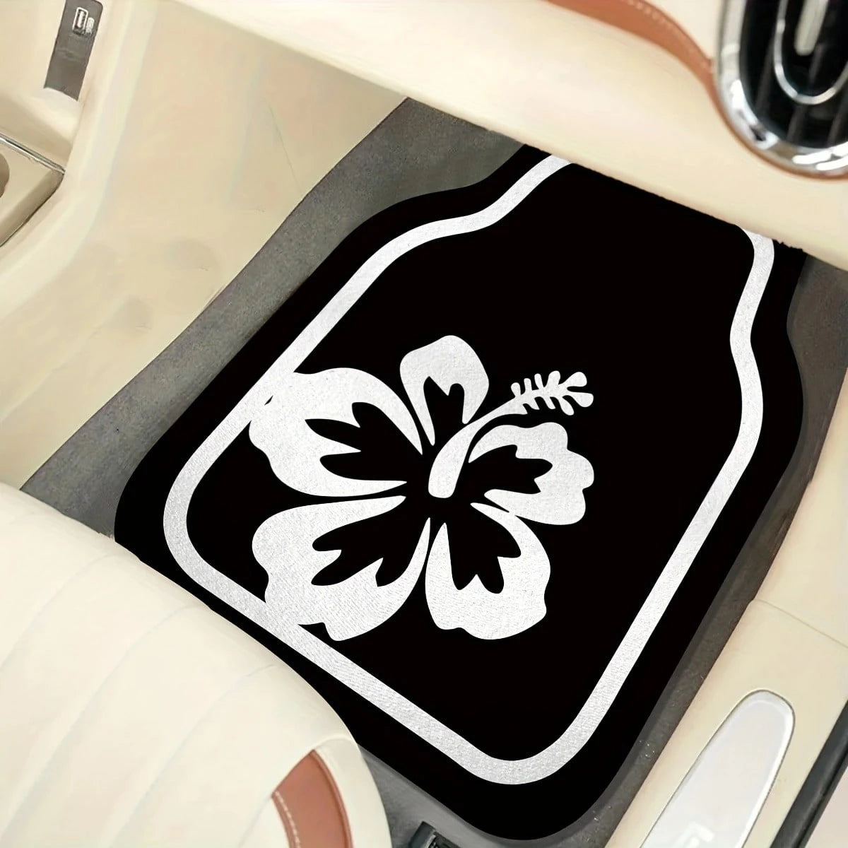 4-Piece Car Floor Mat Set: White Hibiscus Flower Pattern, Crystal Velvet, Polyester Fiber, Universal Fit For Front And Rear Seats, Suitable For Various Car Models